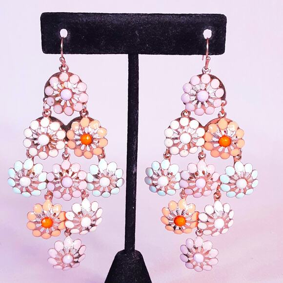 Dangling Flower Chandelier Earrings Pastel Colors - Picture 1 of 8